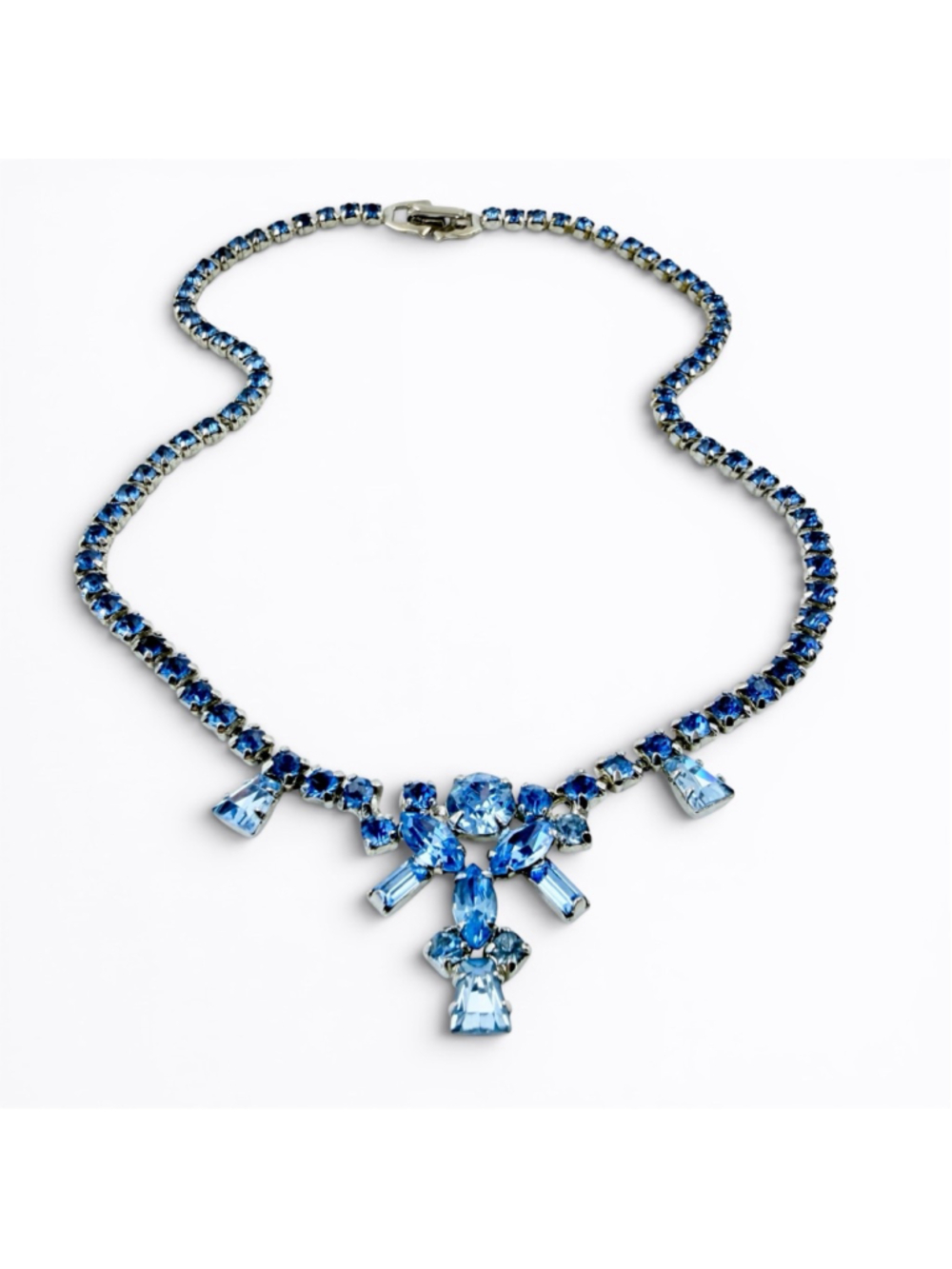 Vintage Blue Rhinestone Necklace 1950s Statement Bib Sapphire Glass Bridal Prom